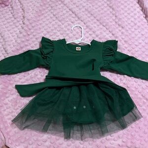 Green Ruffled Long Sleeve Dress with Tulle Skirt